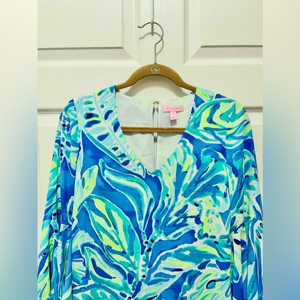 Lilly Pulitzer Dress Rosalia Beckon Blue Palm Passage Crepe Flounce Sleeves 00 - Picture 3 of 11